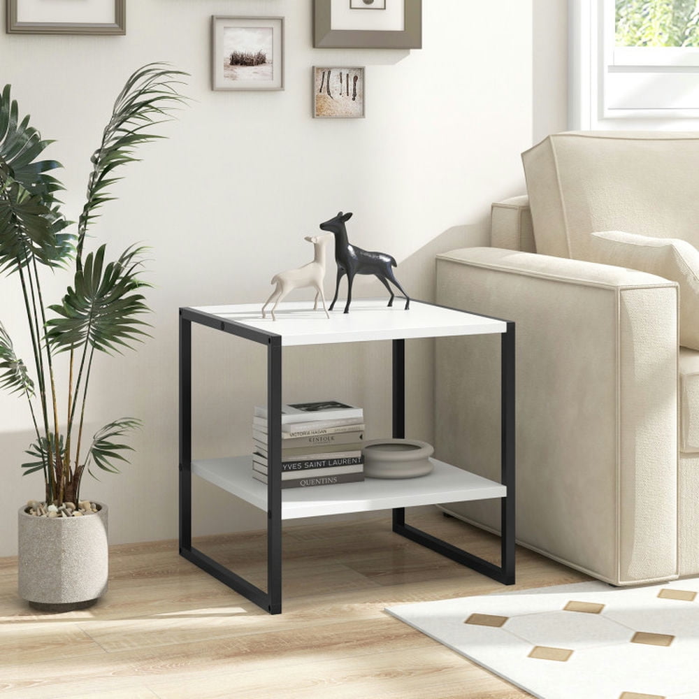 GVN End & Side Tables,2-Tier Square End Table with Storage Shelf Reversible Design-White