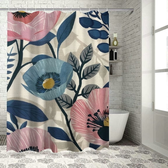 Orinice Flower Pattern Blue Pink Bathroom Decor Set Polyester Shower Curtain with Hooks 36x72