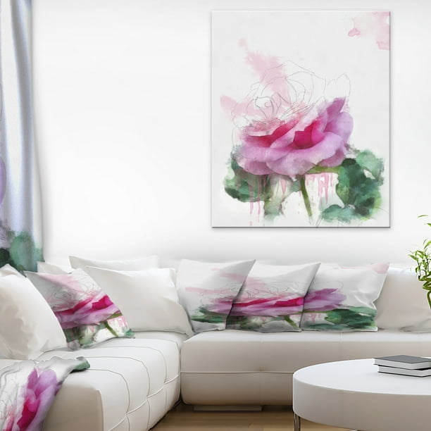 Tige Rose Rose avec des Éclaboussures de Peinture - Grande Œuvre d'Art en Toile Florale