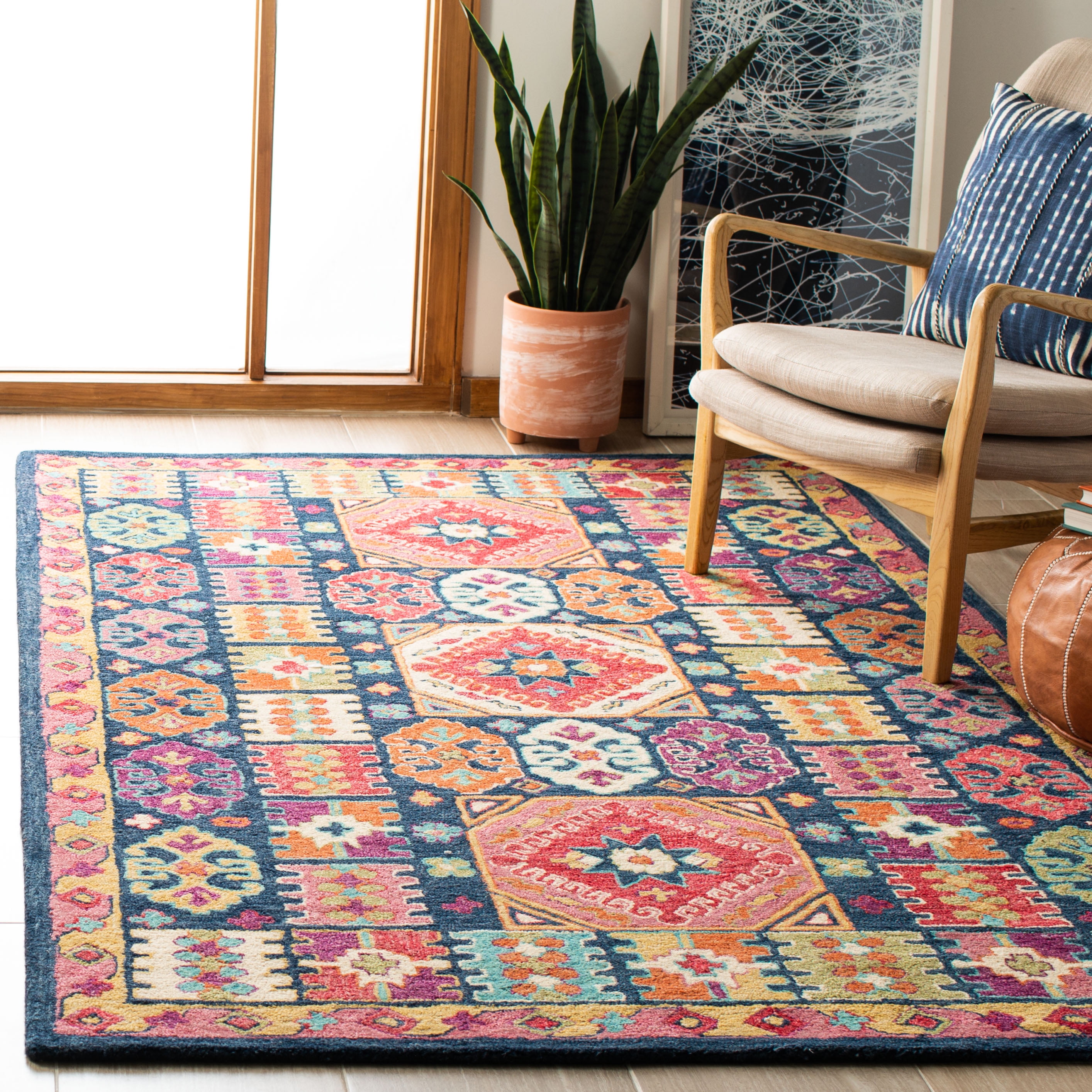 SAFAVIEH Aspen Kapoor Floral Bordered Wool Area Rug, Blue/Red, 3' x 5'