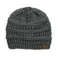 thumbnail image 3 of C.C BeanieTail Soft Stretch Cable Knit Messy High Bun Ponytail Beanie Hat, Gray/Light Gray Mix, 3 of 3