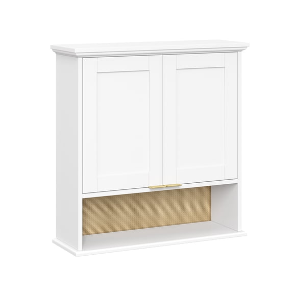 Two-Door Kitchen Wall Cabinet with Rattan Backboard – White