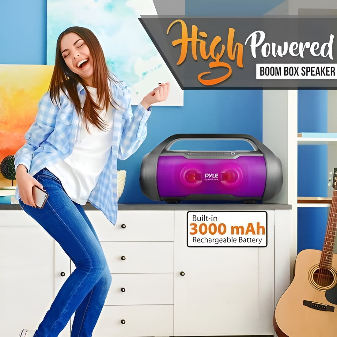 Pyle PBMWP185 - BoomBox Speaker System - & Portable Stereo Radio Speaker with Built-in RGB Lights, FM Radio