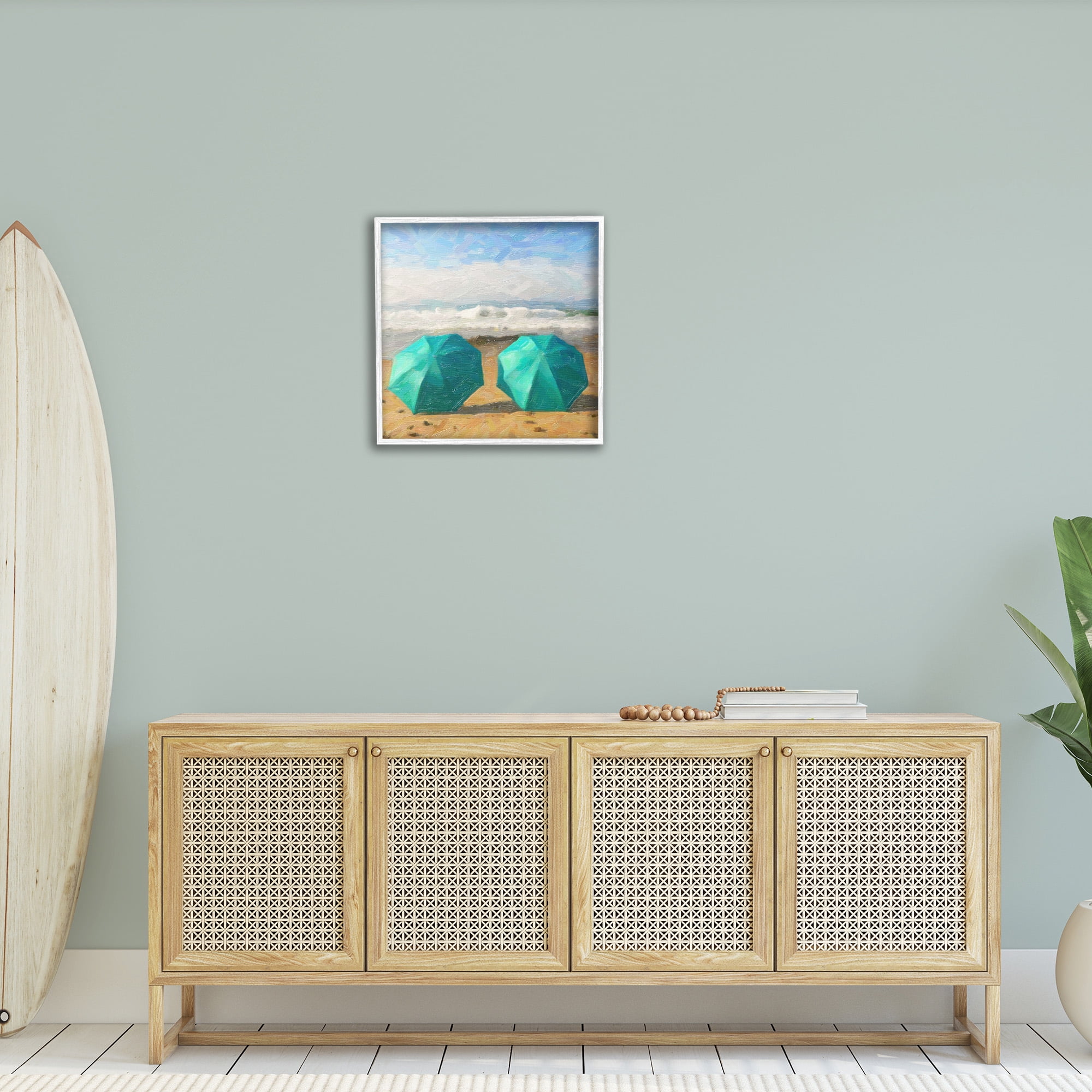 Stupell Industries Beach Umbrella Duo Landscape Painting White Framed Art Print Wall Art, 24 x 24