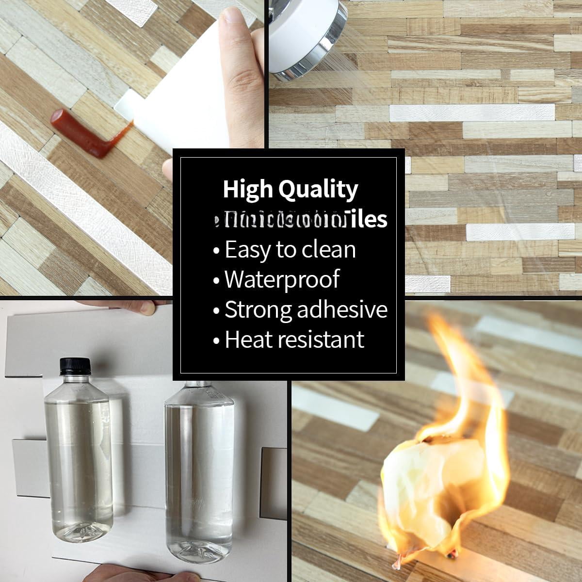 20 Sheets Beige & Brown Wood Peel And Stick Backsplash  Pvc Mixed Metal Wall Tile On For Kitchen Bathroom