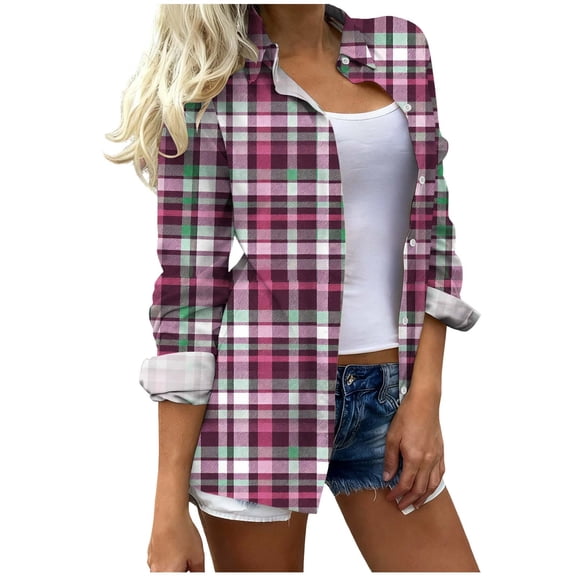 ZUKMRJPC Womens Vintage Plaid Shirts Classic Long Sleeve Button Down Collared Shirt Jacket Loose Lightweight Business Casual Work Tops