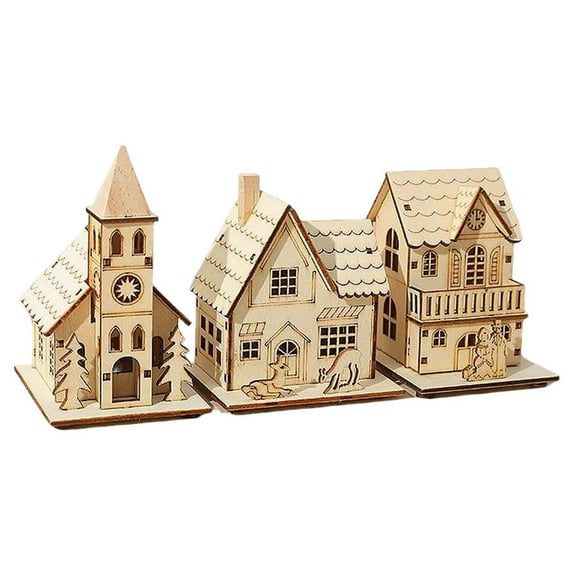 Christmas Village Houses Decor,Light Up Christmas Wood Village,Small Glowing Wooden Houses Set with Lights,Wooden Glow Cabin Decorations for C-hristmas Table Centerpieces,Xmas Party Decorations