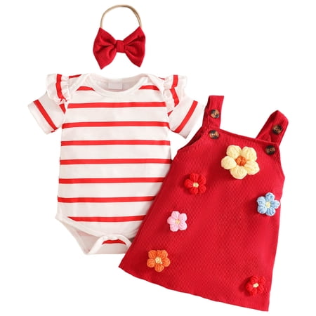 Wxirdiow Newborn Summer Clothes Girl Baby Girl Clothes Summer Outfit Newborn Ruffle Striped Print Romper Suspender Skirt Bow Headband Set Red Size 3-6 Months