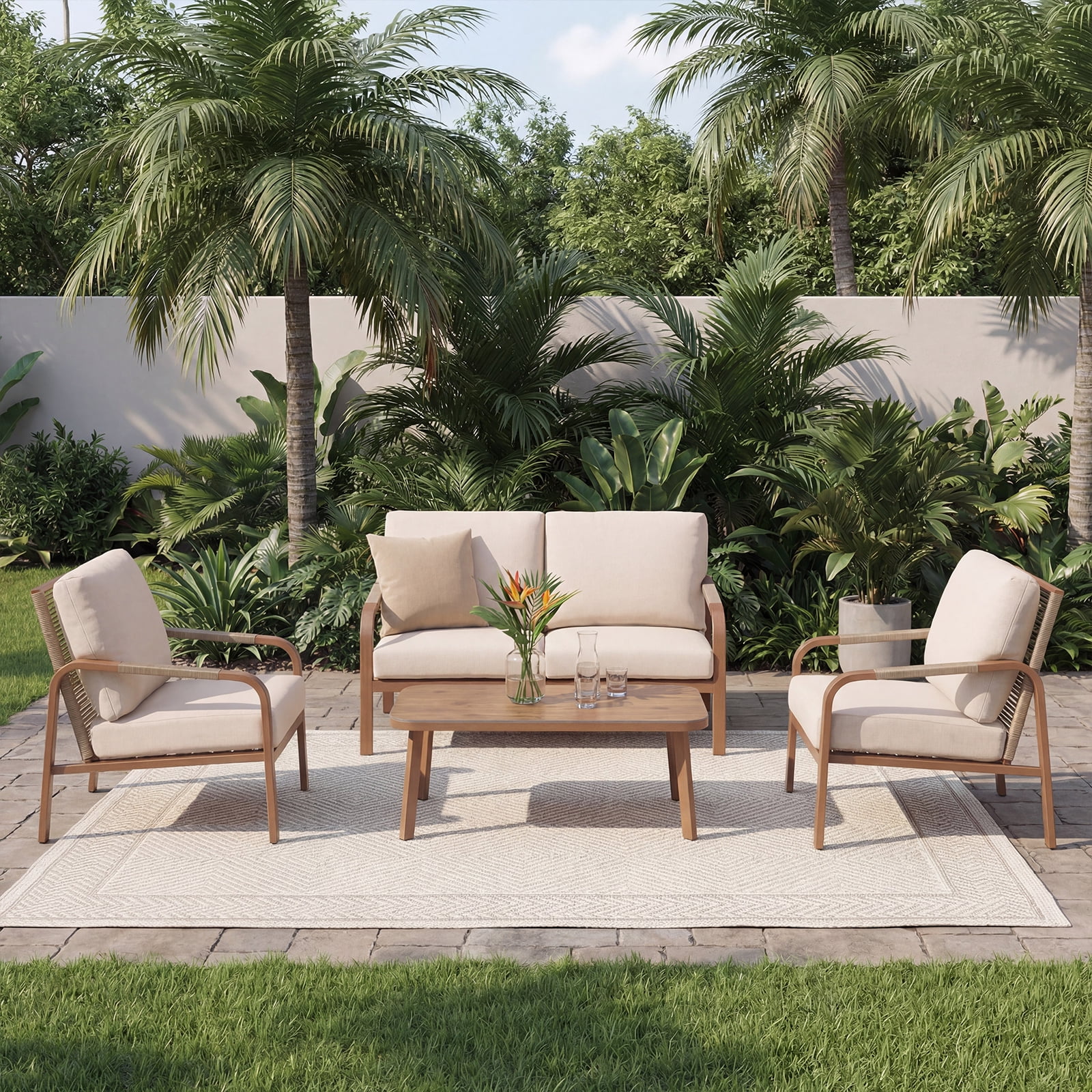 4-Piece Aluminum Outdoor Sectional Furniture Set with Sofa, Cushions and Coffee Table