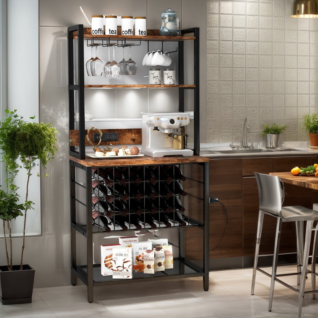 Spaco Wine Bar Cabinet Wine Rack with 4 Tier Storage Shelves and Glass Holders-Brown, Bar Cabinet, Freestanding Floor Wine Holder