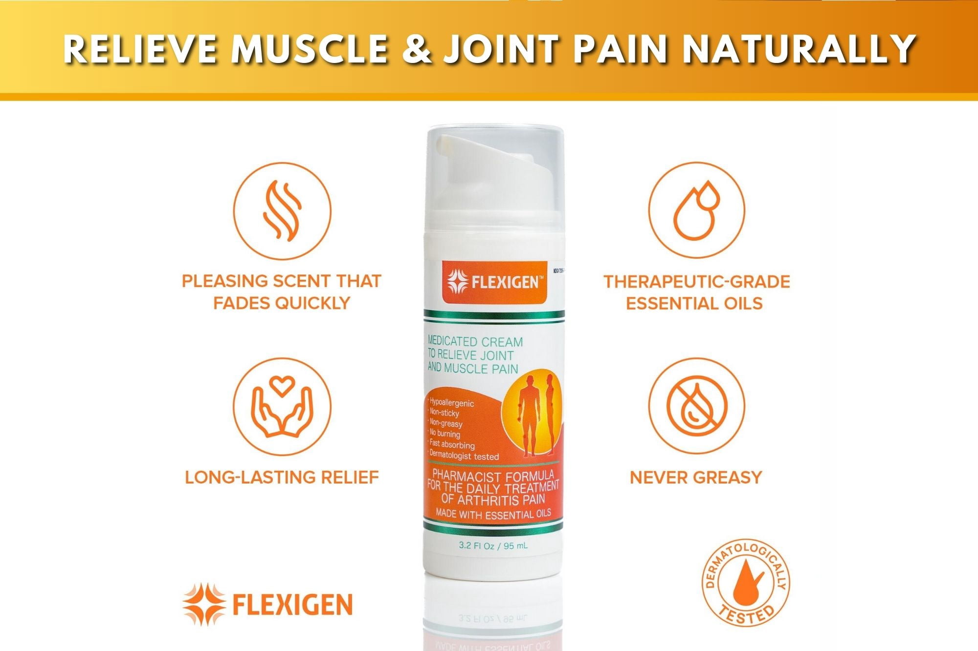 Flexigen Pain Relief Cream with Menthol and Frankincense, Non-Greasy, 3.2 fl oz, 3 Pack