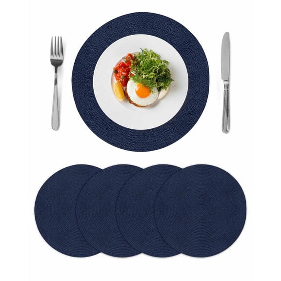Solid Dark Blue Round 13 Inch Placemats Set of 4, Minimalism Abstract Denim Texture HeatResistant Non Slip Place Mats for Dining Table, Wipeable Braided Kitchen Table Mats for Housewarming