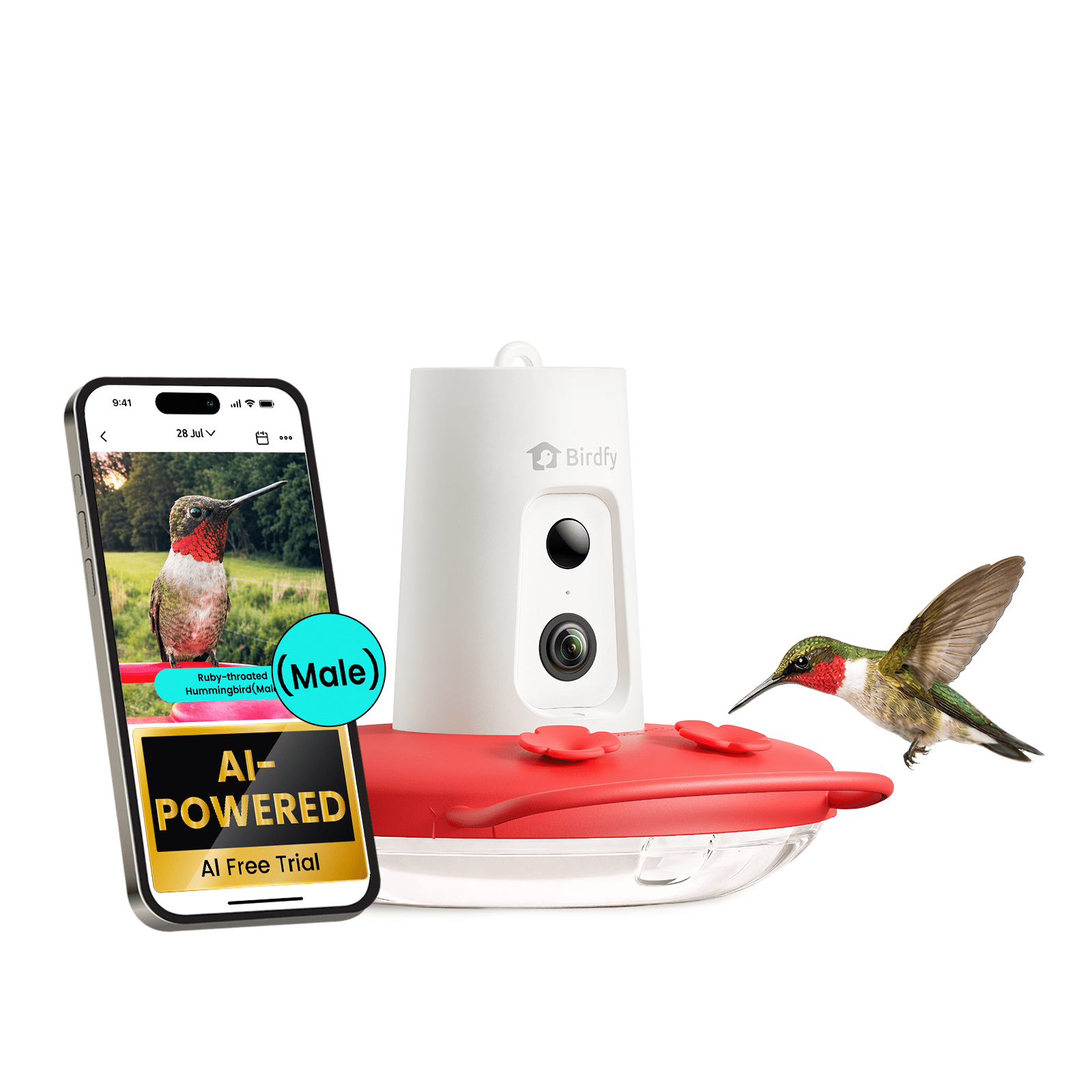 Birdfy Humming Bird Feeder with Camera, 1080P FHD Hummingbird Feeder Camera with Ant Moat, Outdoor 9000 mAh Bird Camera, AI Bird ID, IP66 Waterproof, Leakproof Design, Ideal Gift