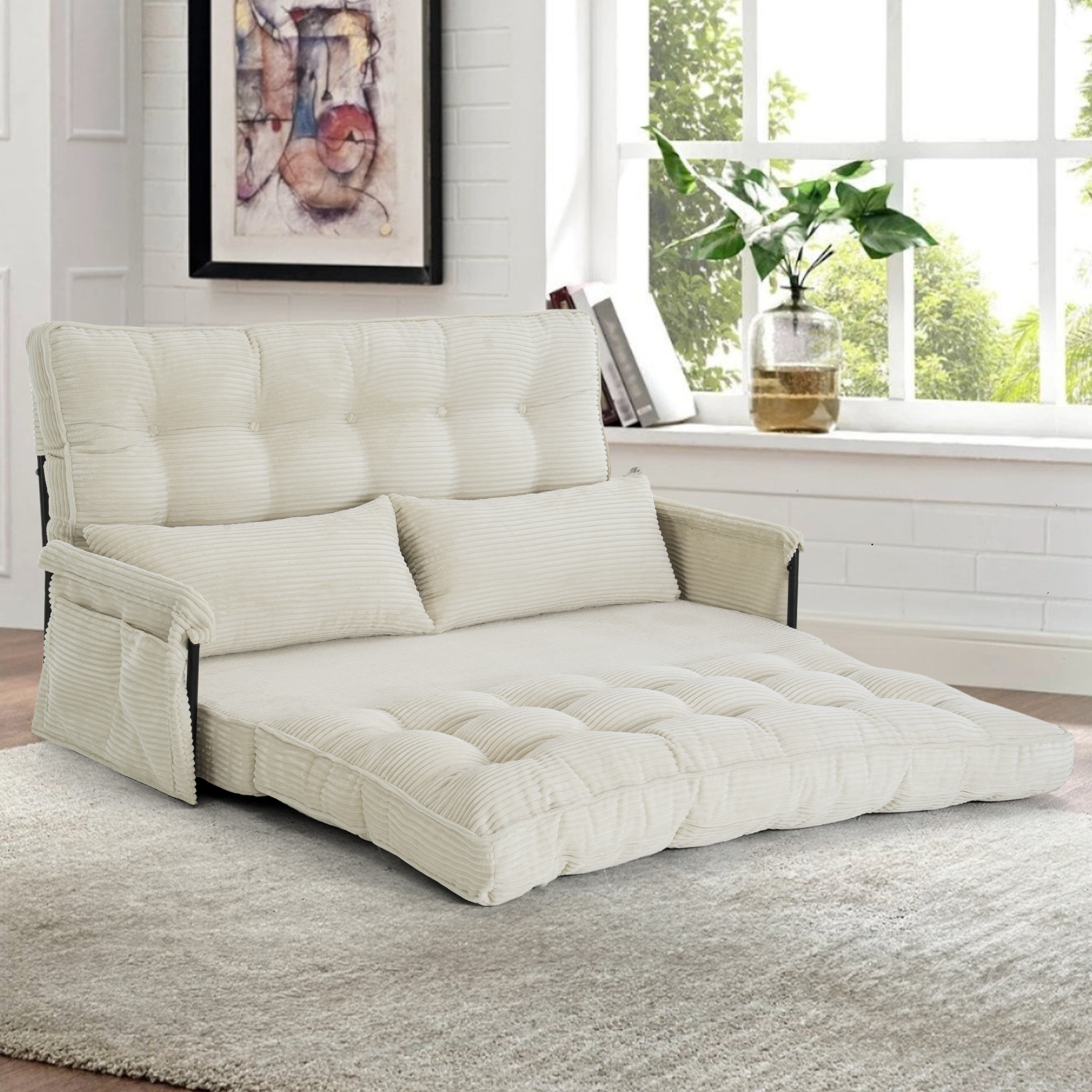 Convertible 5-Position Foldable Lazy Sofa Sleeper Bed with Armrest,Adjustable Floor Sofa Couch with 2 Pillows,Fold Out Floor Couch,Beige