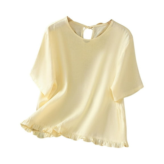 ZQUUVOU Womens T-Shirts Solid Color Short Sleeved Ruffle Hem Crew Neck Top(Yellow,M)