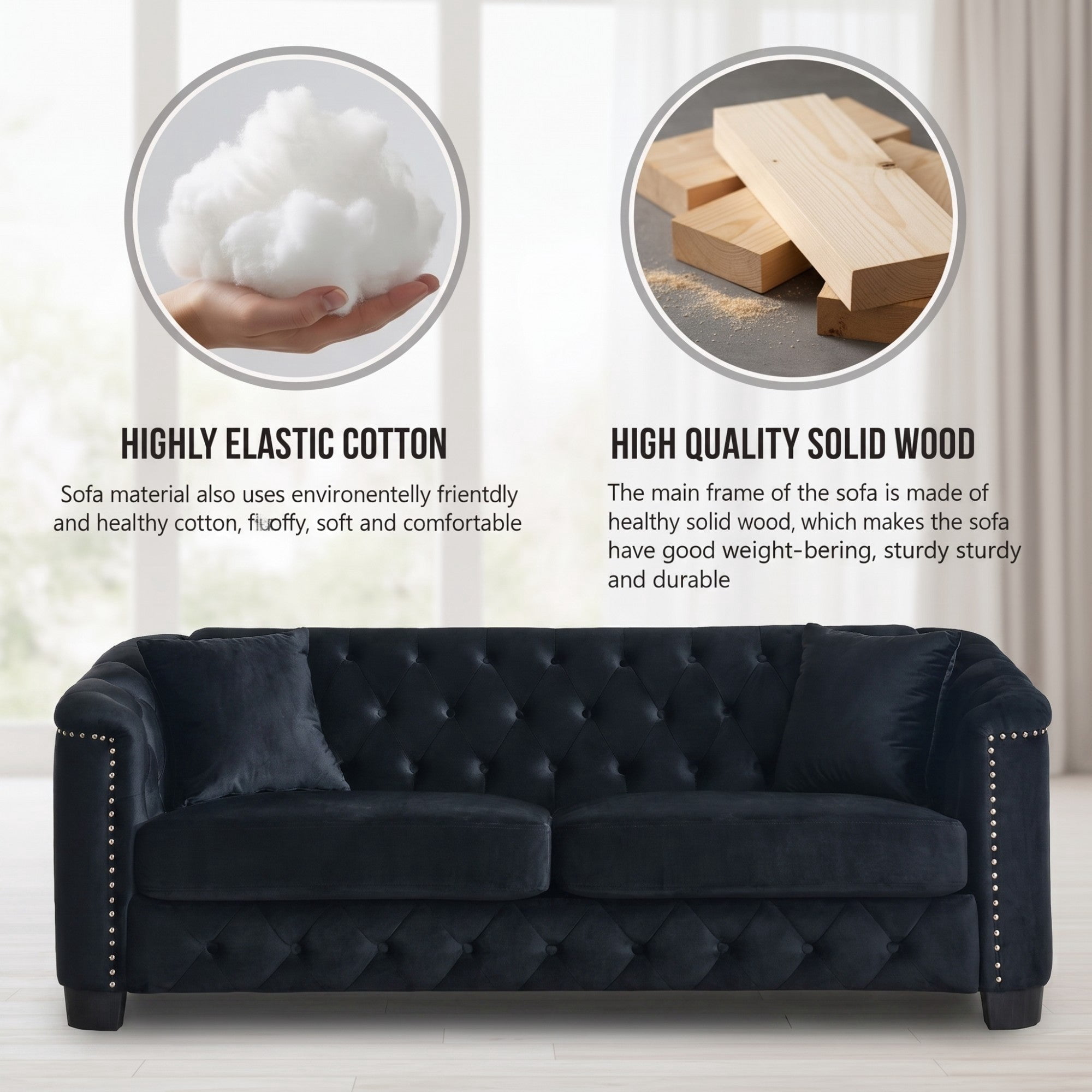 Sailvan 77" Modern Chesterfield Velvet Sofa, 3-Seater Tufted Upholstered Couch with Nailhead Trim & 2 Pillows for Living Room, Office Black