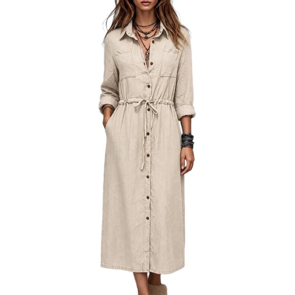 Risckoth Women's Collared Button Front Drawstring Waist Long Sleeve Pockets Casual Maxi Shirt Dress S-3XL