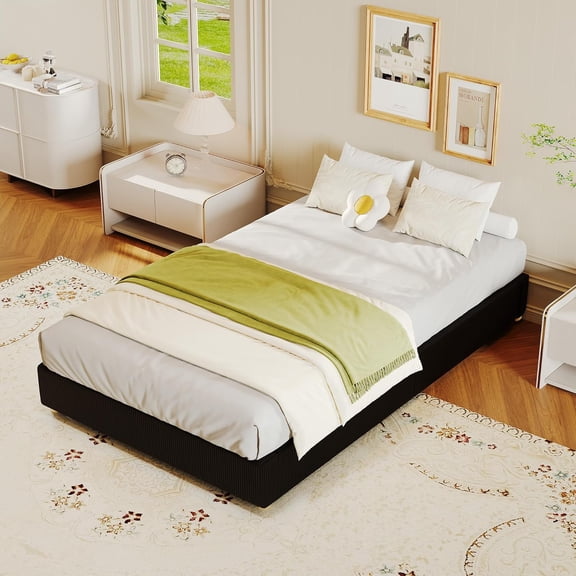 Twin Cloud Bed Frame, Corduroy Soft Fabric Low Bed Frames with Solid Wood Round Legs, Twin Size Platform Bed Without Headboard, No Box Spring Needed, Noiseless, Black