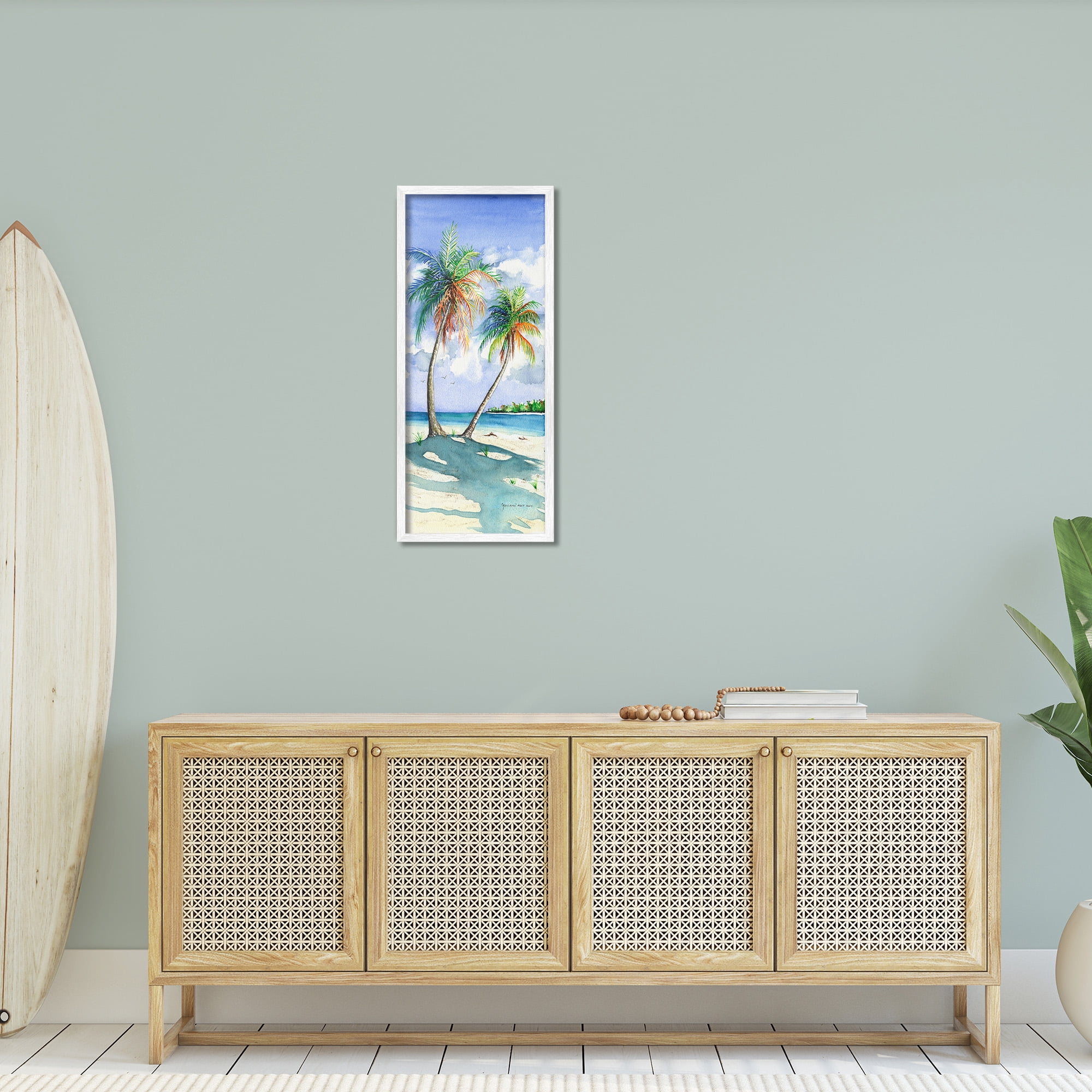 Stupell Industries Sunlit Palm Trees Landscape Painting White Framed Art Print Wall Art, 13 x 30