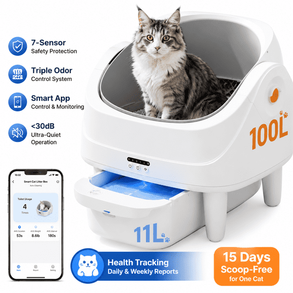 Self Cleaning Litter Box, Automatic Litter Box for Multiple Cats, Open Top Litter Box Design, Smart App Control, Safety Sensor Protection, Large Waste Bin, Odor Control System, Includes 2 Roll Liners