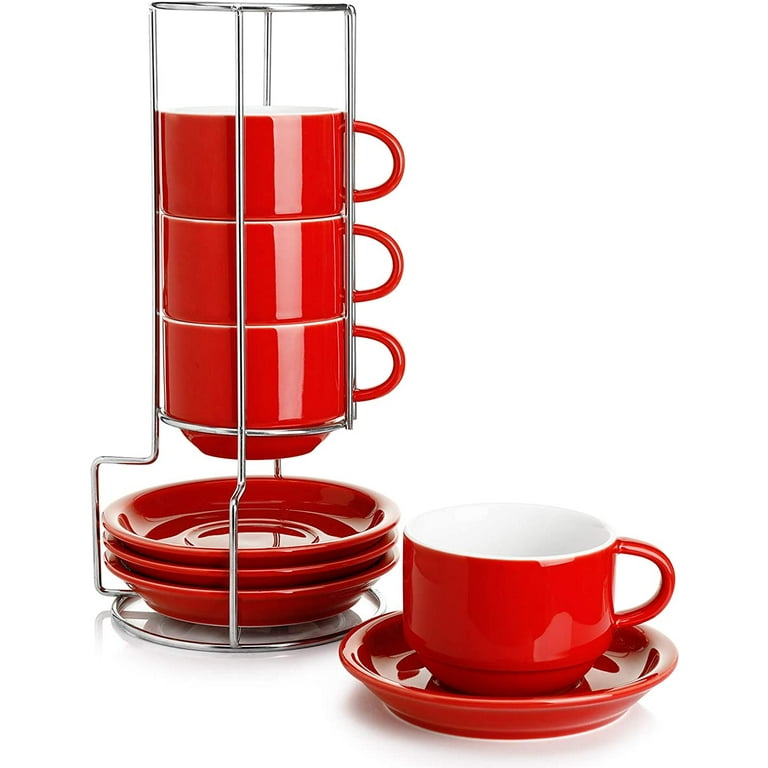 Sweese 406.404 Porcelain Stackable Cappuccino Cups with Saucers and Metal  Stand - 8 Ounce for Specialty Coffee Drinks, Cappuccino, Latte, Americano  and Tea - Set of 4, Red Size: 3.4 Inch 