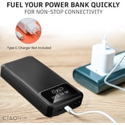 Ciao Tech 20,000 mAh High Capacity Powerbank, 2 USB, 1 Type C, 1 Micro,Status Indicator,Black
