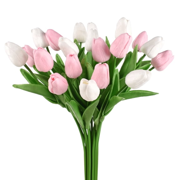 HUIANER 20Pcs Artificial Tulips, 13.18" Pink & White Faux PU Flowers, Bulk for Vase Centerpieces Wedding Home Decor