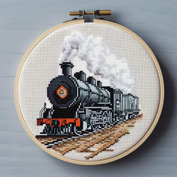 Generic Counted Easy Cross Stitch Kits Smoky Steam Train Color Stamped Embroidery for Starter Kits DIY 11CT Stamped Patterns Embroidery Needlework Kit Supplies 12 Inch Hoop Included(91-f)