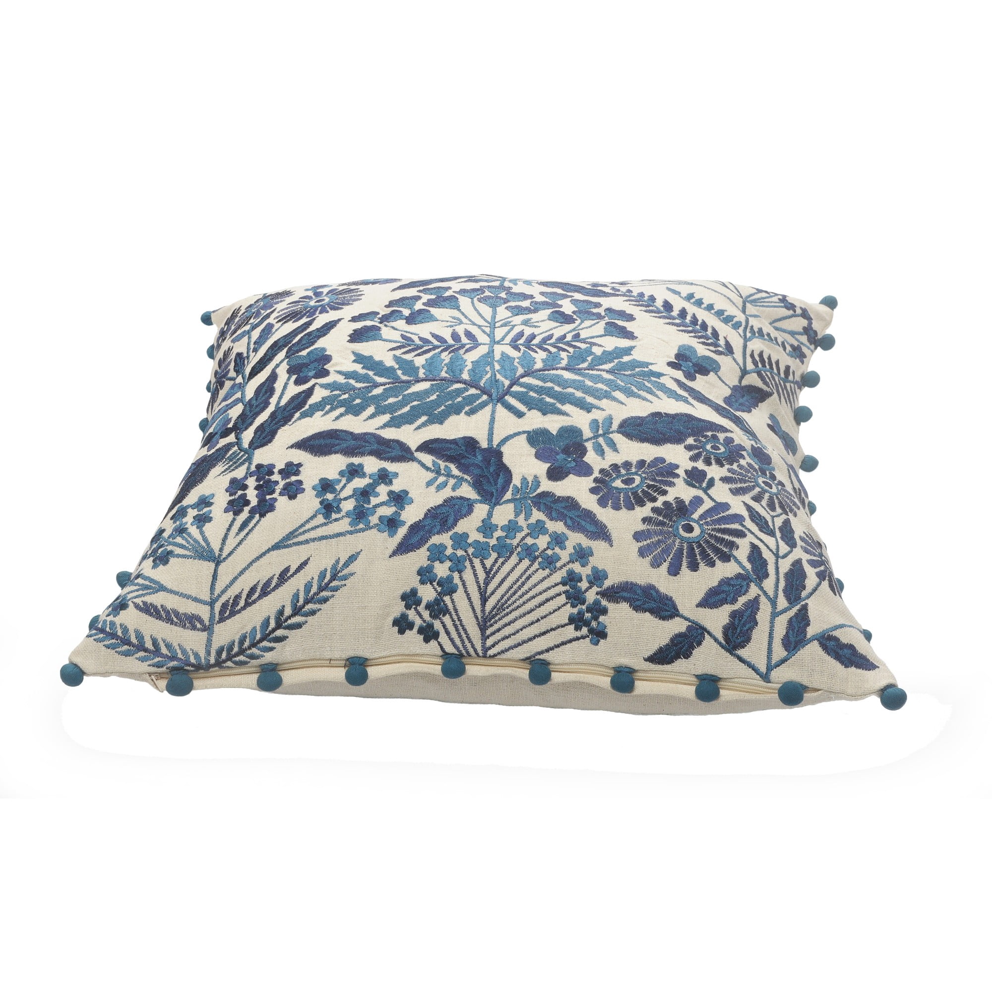Laddha Home Designs Hand Stitched Botanical Cotton Throw Pillow Cover - 20" - White and Blue