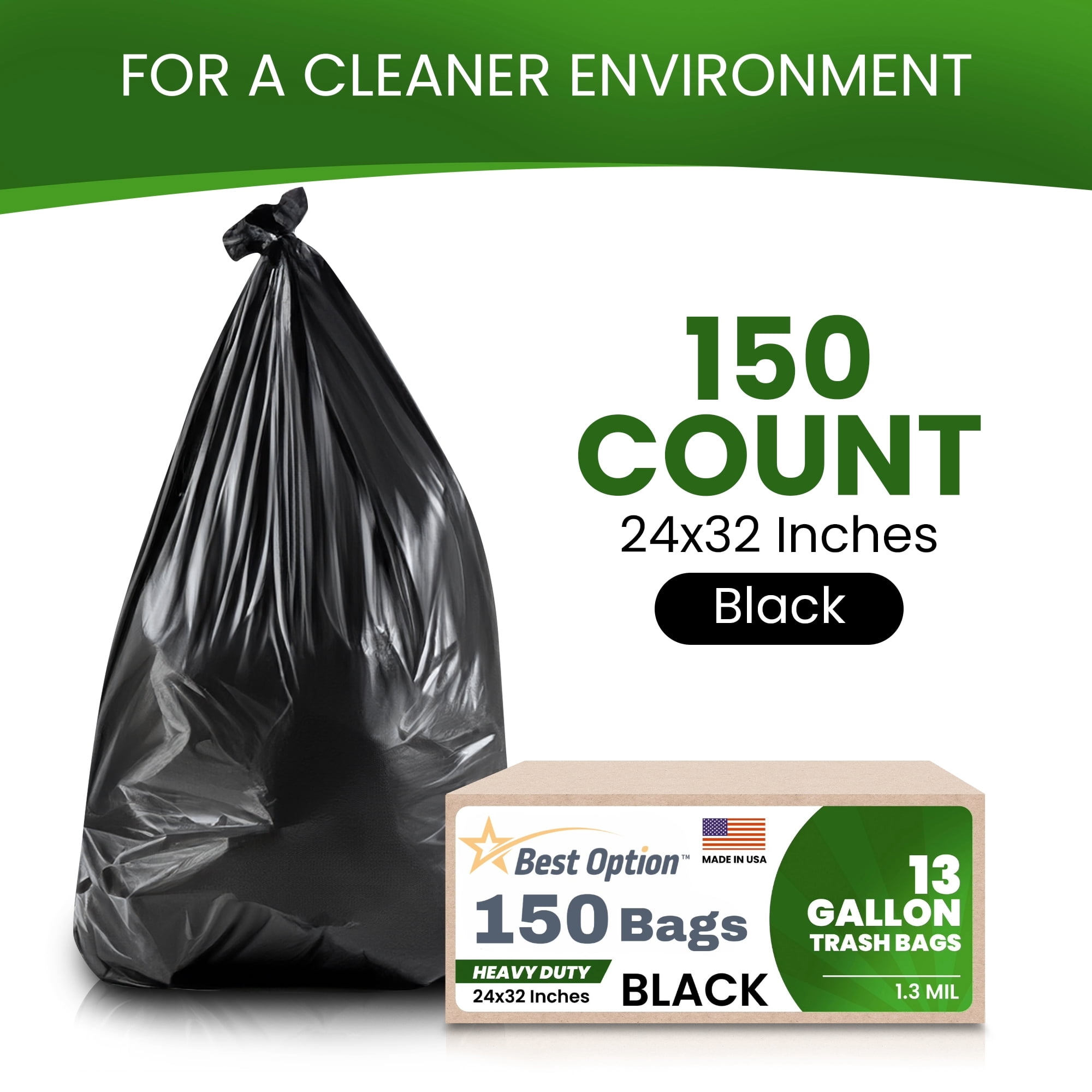 Best Option 13 Gallon Black Trash Bags, 150 Count Box, (24x32-inch) Commercial Heavy-Duty Garbage Can Liners