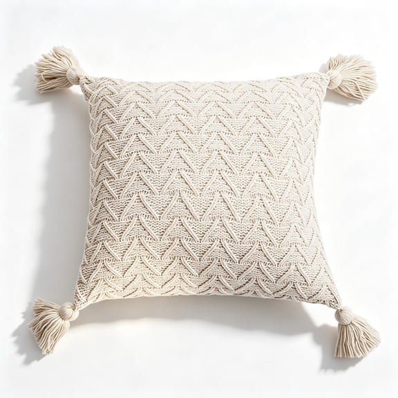 Boho Throw Pillow Cover 18x18in, Knitted Decorative Cushion Case with Tassel Fringe, Herringbone Texture, White Pillow Cover for Sofa Couch Bedroom
