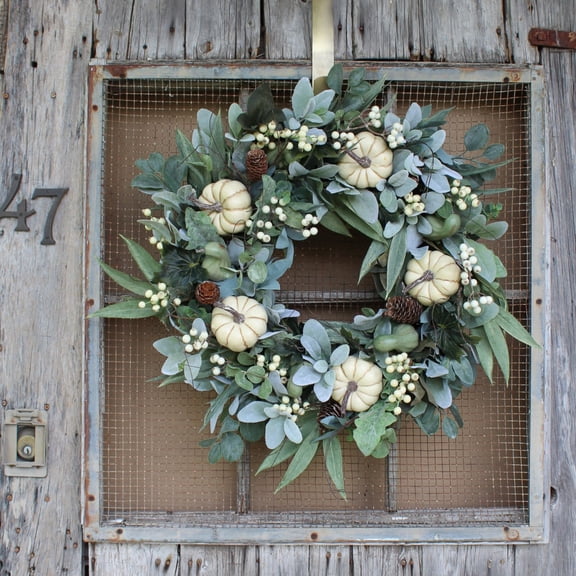 Farmhouse Fall Door Wreath 16 Inch, Autumn Wreath with White Pumpkin Lamb's Ear Eucalyptus Leaves and Pine Cone, Thanksgiving Harvest Festival Decorations Indoor and Outdoor