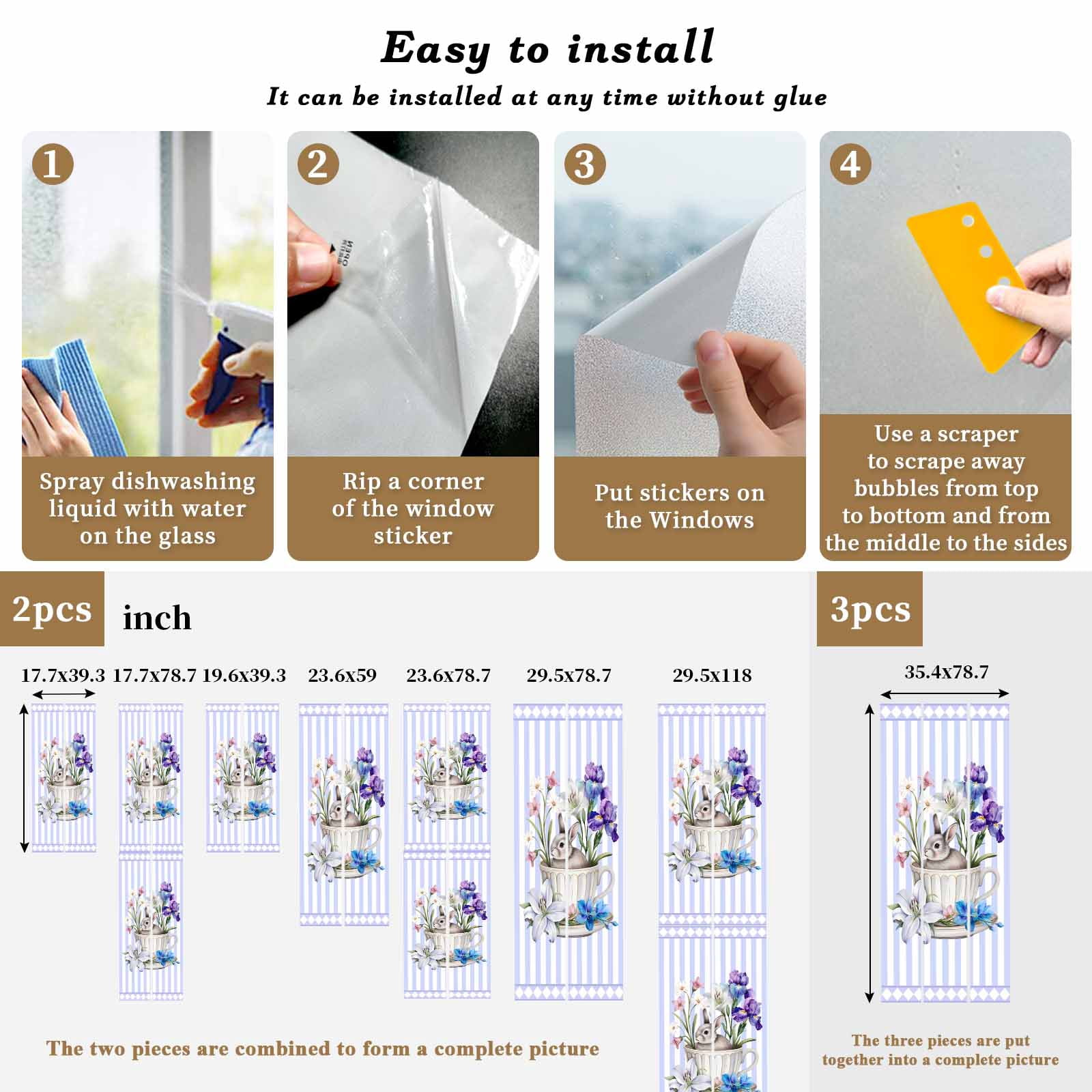 Cup Rabbit Window Privacy Film, Easter Watercolor Tea Cup Bunny Floral Purple Stripes Frosted Glass Window Clings Static Cling UV Heat Blocking Reusable Door Sticker for Bathroom 29.5 x 118 Inch