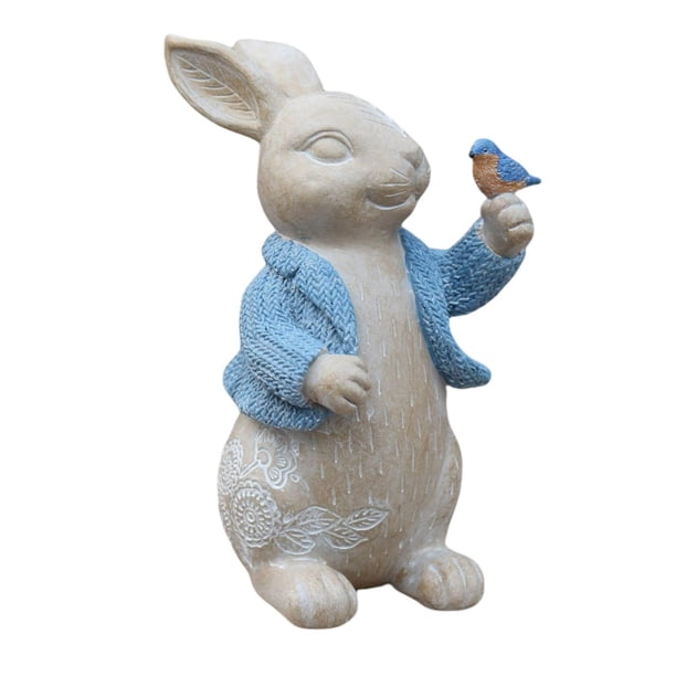 Estatua de animal con efecto madera, conejo de pie, accesorios para fotos, escultura rústica para primavera Azul