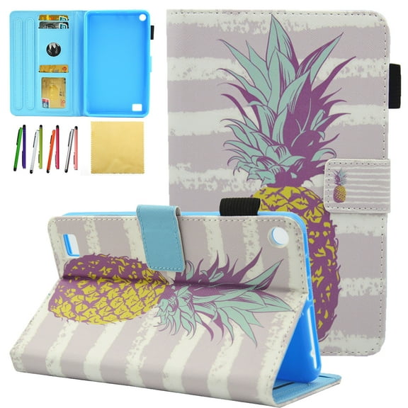 Kindle Fire 7 2017 (7th Generation)/ Fire 7 2015 (5th Generation) Kids Case, Allytech PU Leather Stand Wallet Cases and Covers for All New Amazon Fire 7 Tablet with Stylus Holder, Golden Pineapple