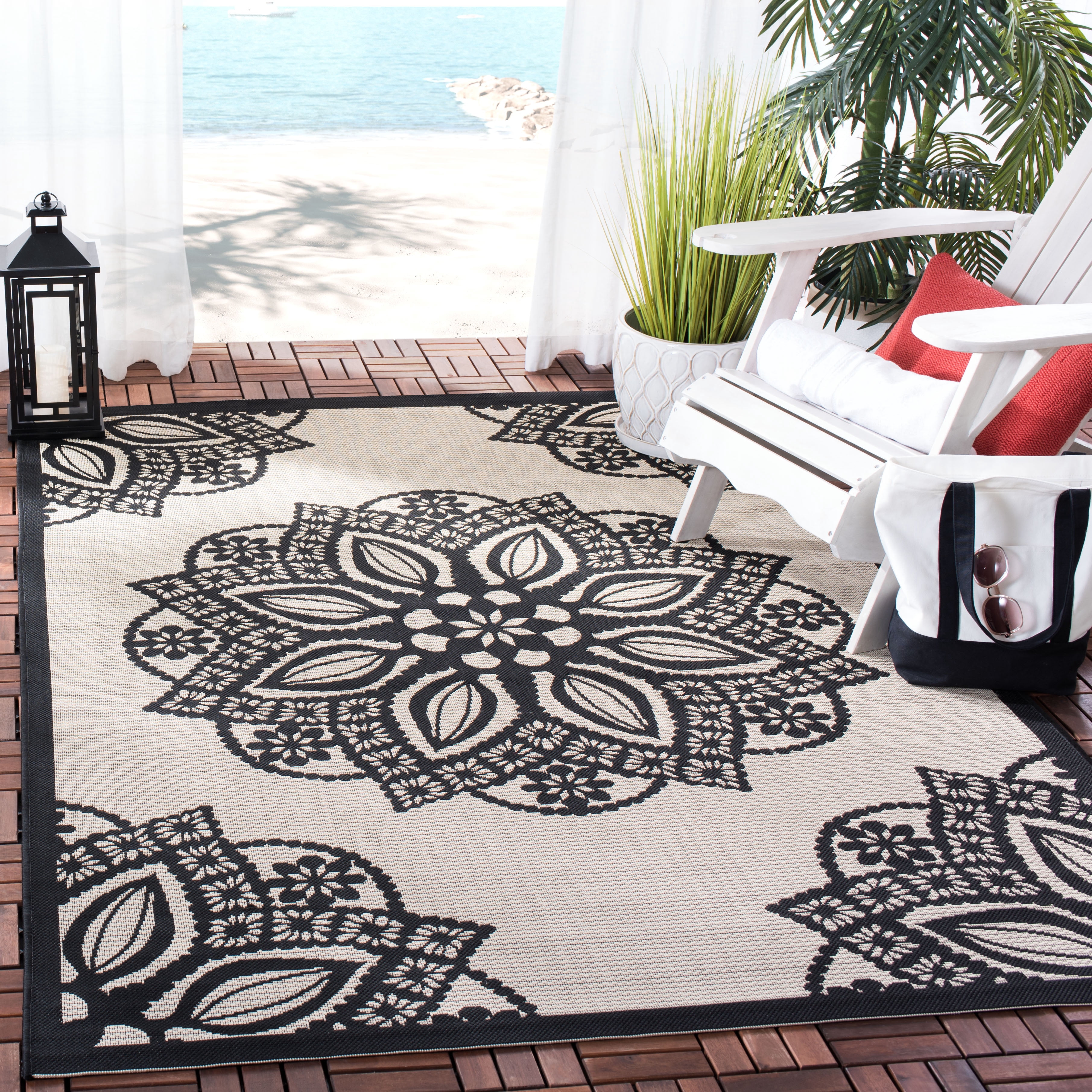 Safavieh Courtyard Millicent Medallion Indoor/Outdoor Area Rug, Beige/Black, 4' x 5'7"