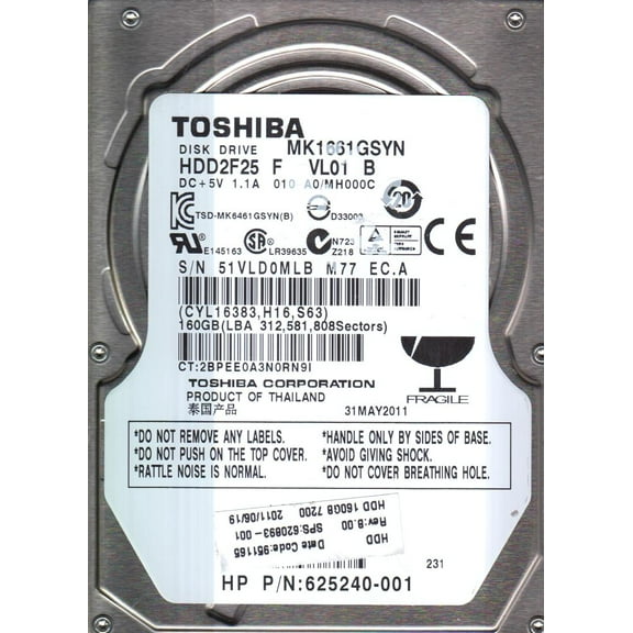 MK1661GSYN, A0/MH000C, HDD2F25 F VL0T B, Toshiba 160GB SATA 2.5 Hard Drive