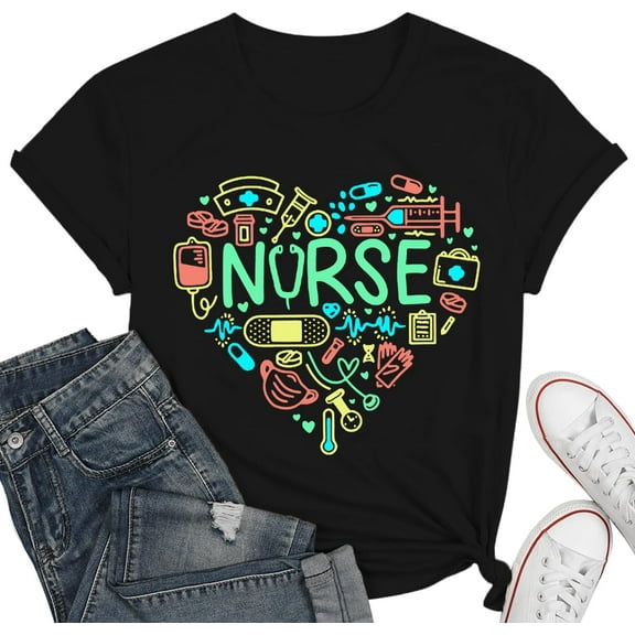 Nurse Shirts for Women Cute Nurses Life Tshirt Ladies Heart Nurse Short Sleeve Tee Tops