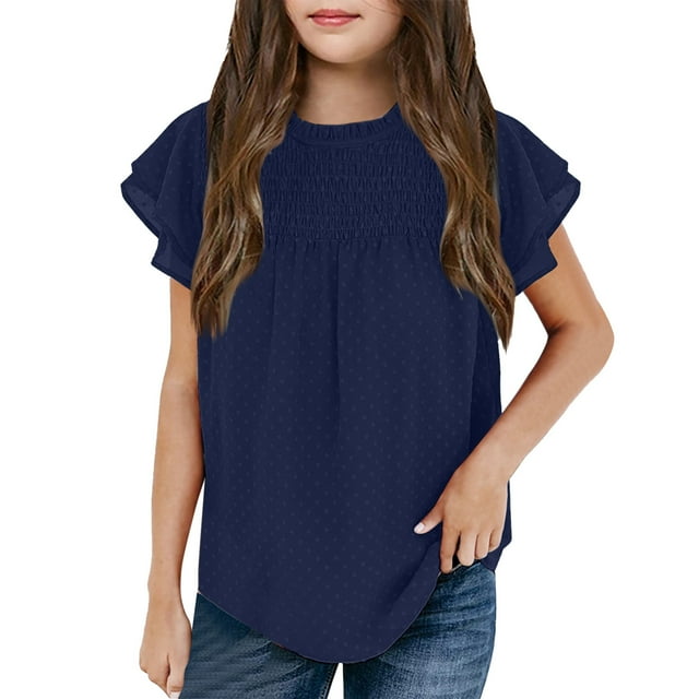 Xijirk Toddler Girls T Shirts Ruffle Short Sleeve Round Neck Loose Blouse Summer Solid Color Casual Girl Tee Tops(Color:BU1,Size:3-4 Years)