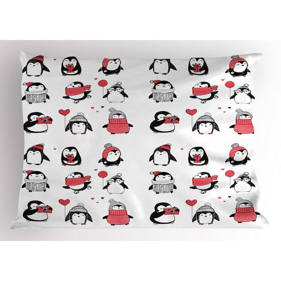 Ambesonne Winter Pillow Sham, Penguins Merry Xmas, 26" X 20", Dark Coral White Black