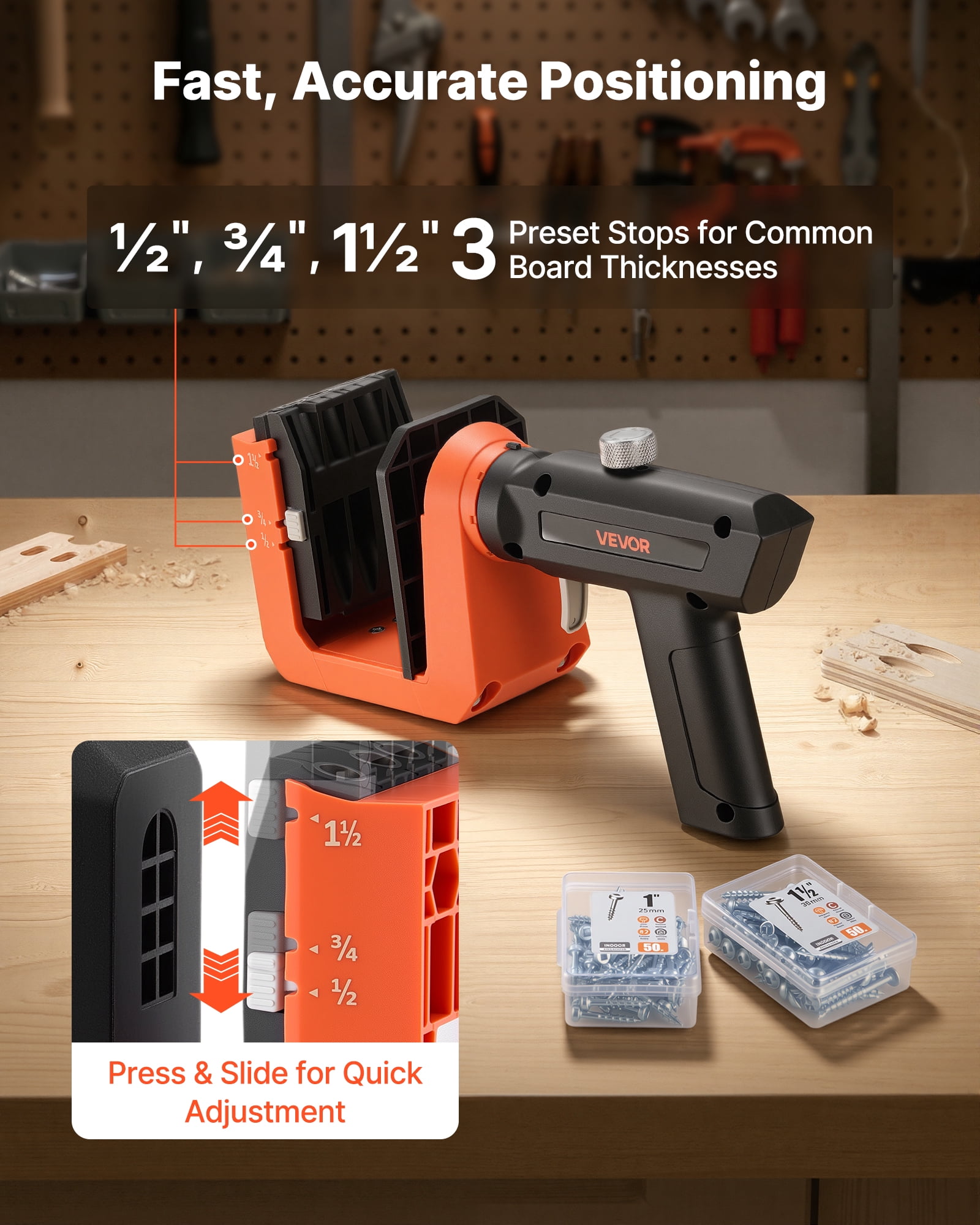 VEVOR Pocket Hole Jig Kit, 1/2", 3/4", 1-1/2" Adjustable, 360° Rotating Handle, Jig Pocket Hole System with 260 Screws, C-Clamp, Stop Collar, Drill Bit, Easy Clamping and Adjusting, for Woodworking