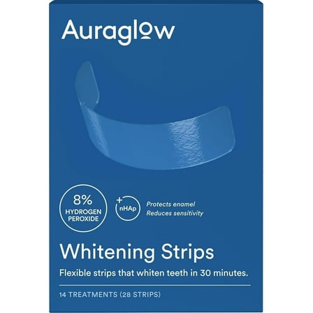 Auraglow Teeth Whitening Strips, Sensitive Whitening Strips, 14 Whitening Treatments, 8% Hydrogen Peroxide with Nano Hydroxyapatite (nHAp) to Reduce Sensitivity and Protect Enamel, 28 Strips, Mint
