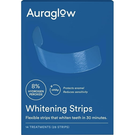 Auraglow Teeth Whitening Strips, Sensitive Whitening Strips, 14 Whitening Treatments, 8% Hydrogen Peroxide with Nano Hydroxyapatite (nHAp) to Reduce Sensitivity and Protect Enamel, 28 Strips, Mint