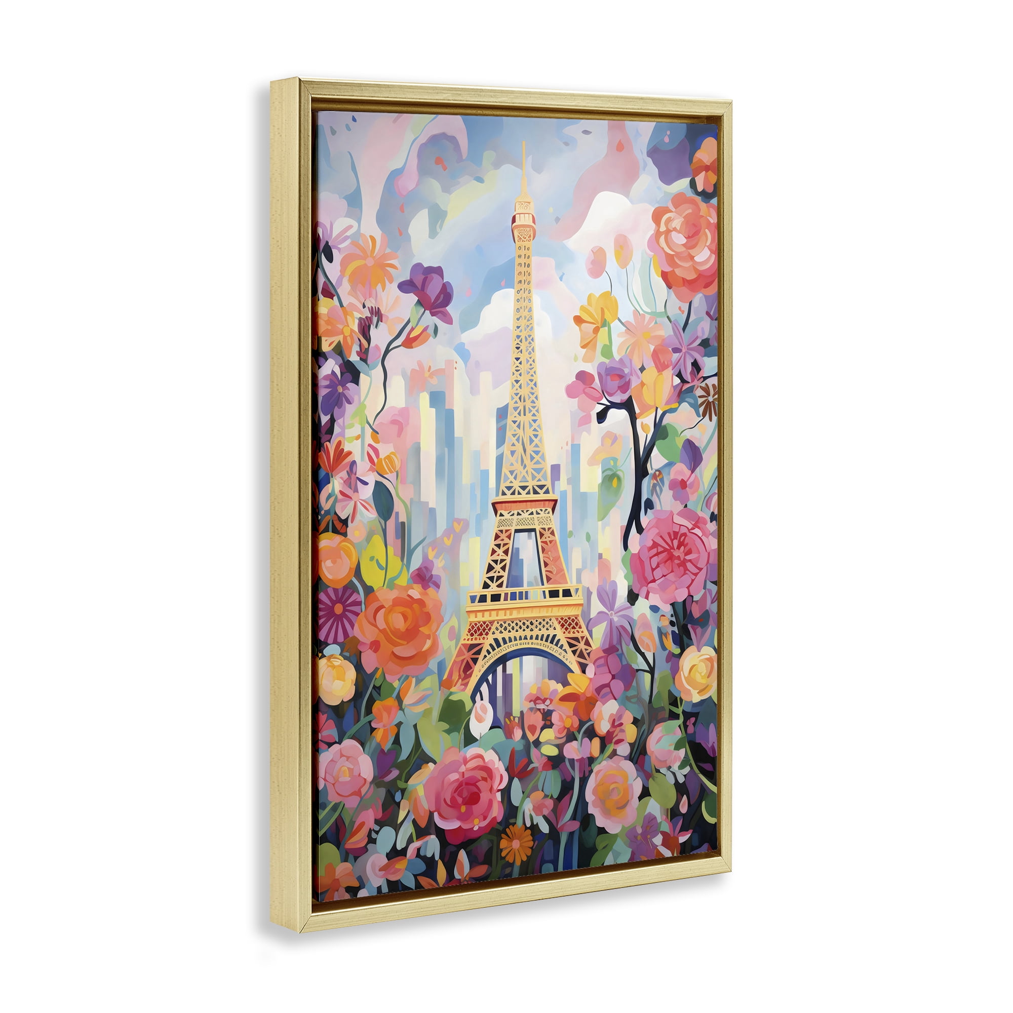 Stupell Industries Eiffel Tower Surrounded By Florals Gold Framed Floater Canvas Wall Art, design by Creative Studio