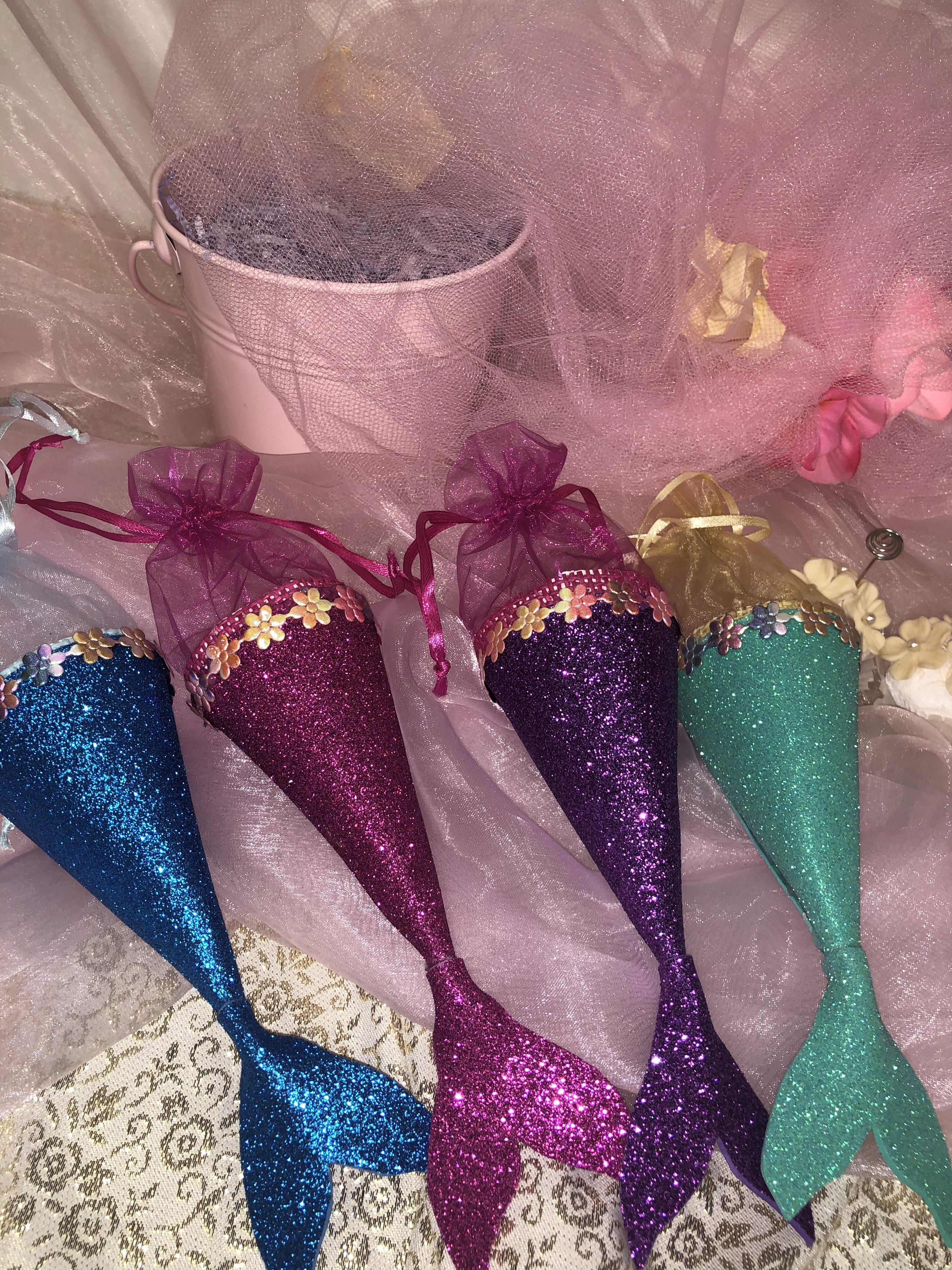 CharmedShinny Glittered Little Mermaid Party Candy Bags Kids Birthday Favor Bags; Aqua; 8 pieces