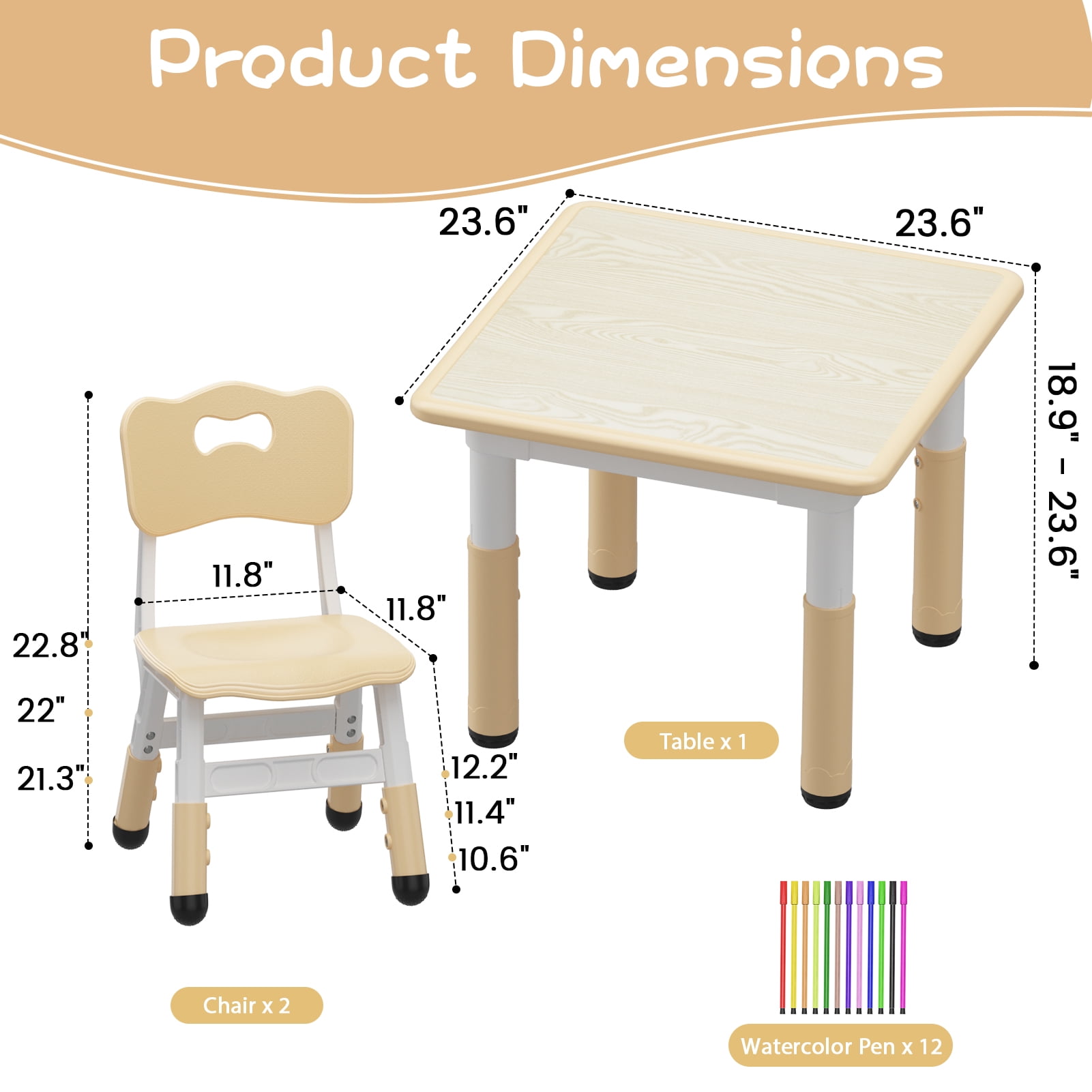 Set of 3 Kids Table and Chairs Set with 12pcs Watercolor Pens for Toddlers, Height Adjustable, for Home/Classroom, Boys Girls Multi-Activity Table for Ages 2-8