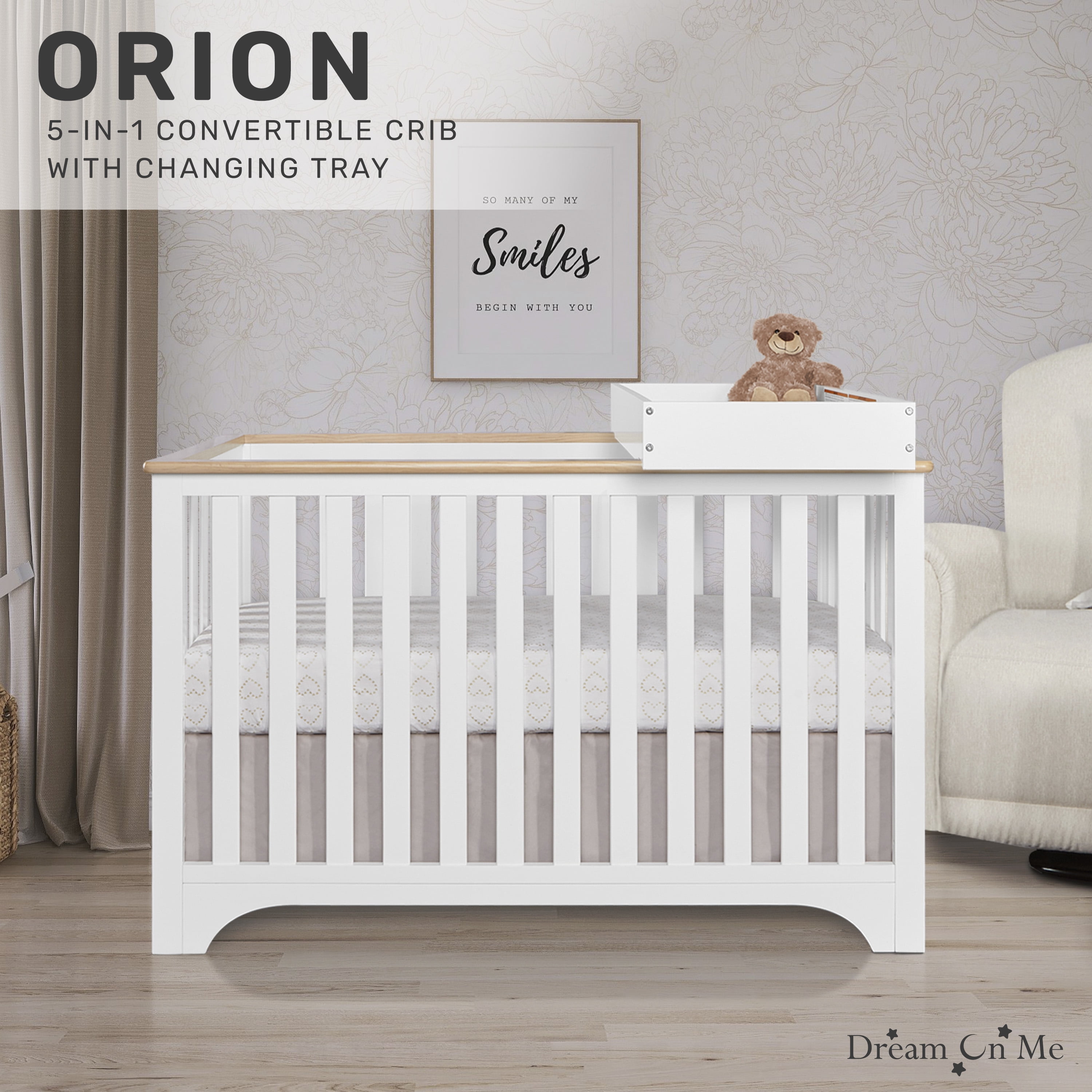 Dream On Me Orion 5-in-1 Convertible Crib with Removable Changing Tray, Vintage White Oak