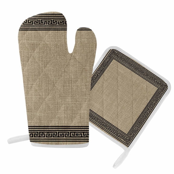 Oven Mitts and Pot Holder Set for Kitchen, Brown Linen Key Design Kitchen Oven Gloves Heat Resistance Non-Slip Surface Potholders Geometric Back Print Pattern Hot Pads Sets for Cooking Baking BBQ