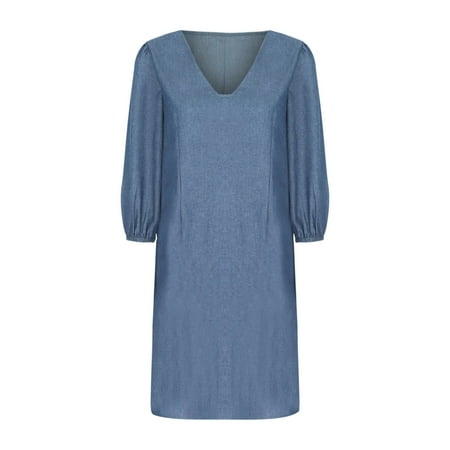 

Lilgiuy Womens Casual Loose V-Neck Denim Skirt Cowboy Middle Sleeve Dress