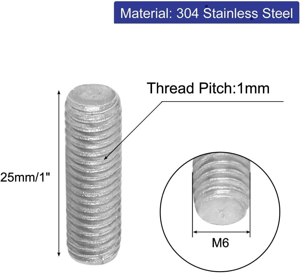 6 x 25 fully threaded 304 stainless steel rod stud bolts, silver color, 20 pieces pack